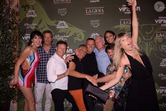 Exclusif - Valérie Bègue (Miss France 2008), Michel Cymes, Nagui, Jean-Roch, Didier Deschamps, Leïla Kaddour-Boudadi et Melanie Page au VIP Room à Saint-Tropez au mois de juillet 2019. © Rachid Bellak/Bestimage