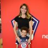 Rachel Legrain-Trapani (Miss France 2007) et son fils lors de la présentation du nouveau maillot du LOSC pour la saison 2019-2020. Lille, le 4 juillet 2019.