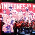 Les champions du monde de basket espagnols ont fêté leur titre sur la place Colomb à Madrid le 16 septembre 2019.