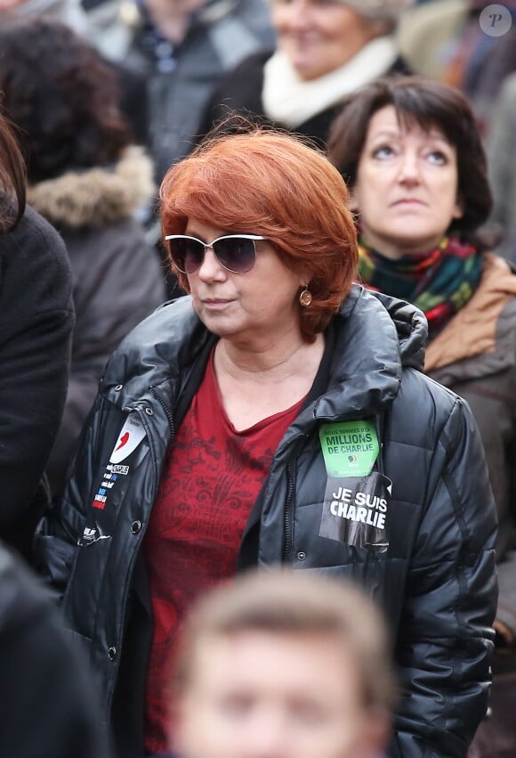 Véronique Genest lors de la marche républicaine pour Charlie Hebdo à Paris, suite aux attentats terroristes survenus à Paris les 7, 8 et 9 janvier. Paris, le 11 janvier 2015.