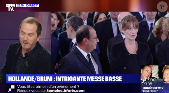 Carla Bruni et François Hollande échangent une messe basse- capture BFMTV- Obsèques de Jacques Chirac à Paris le 30 sept 2019.