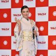 Miranda Kerr lors de la présentation des produits Marukome Koji-amazake (Saké et riz au malt) à Tokyo le 10 janvier 2019.