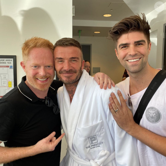 Jesse Tyler, David Beckham et le mari de Jesse Tyler, Justin Mikita en tournage pour un futur épisode de la série Modern Family. Octobre 2019.
