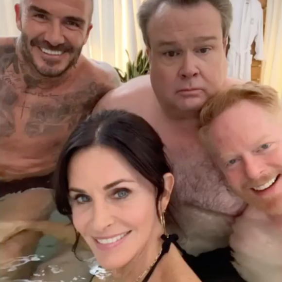 Courteney Cox, David Beckham, Jesse Tyler et Eric Stonestreet en tournage pour un futur épisode de la série Modern Family. Octobre 2019.
