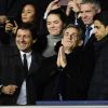 Leonardo (directeur sportif du PSG), Nicolas Sarkozy, Nasser Al-Khelaïfi (président du PSG) dans les tribunes lors du match retour de Champion's League "PSG - Bruges (1-0)" au Parc des Princes. Paris, le 6 novembre 2019.