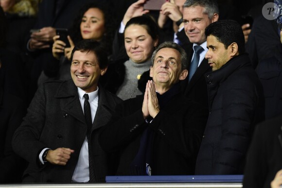 Leonardo (directeur sportif du PSG), Nicolas Sarkozy, Nasser Al-Khelaïfi (président du PSG) dans les tribunes lors du match retour de Champion's League "PSG - Bruges (1-0)" au Parc des Princes. Paris, le 6 novembre 2019.