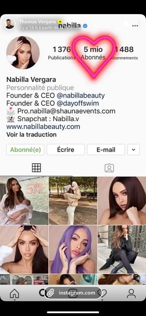 Nabilla et ses 5 millions d'abonnés sur Instagram (8 novembre 2019).