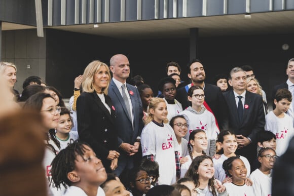 Brigitte Macron et Franck Riester au collège Suzanne Lacore pour la dictée d'Ela le 14 octobre 2019. 