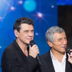 Marc Lavoine, Nagui - Deuxième jour de la 33ème édition du Téléthon au Parc de la Villette à Paris le 7 décembre 2019. Le compteur de la 33ème édition du Téléthon a atteint 74,6 millions d'euros dimanche 8 décembre, en hausse par rapport à l'édition 2018 où l'événement caritatif avait été bousculé par la mobilisation des "gilets jaunes". © Tiziano Da Silva/Bestimage07/12/2019 - Paris