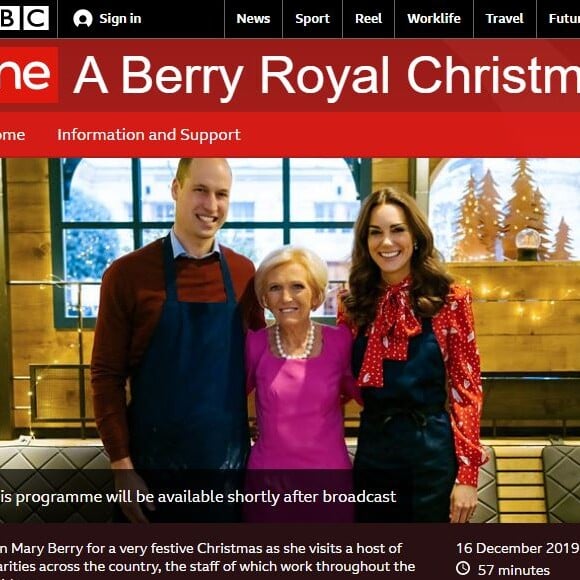 La duchesse Catherine de Cambridge et le prince William ont participé à un programme d'une heure avec Mary Berry, A Berry Royal Christmas, qui mettra en lumière l'action d'associations qu'ils soutiennent et la préparation d'un repas de Noël pour les remercier, qui sera diffusé sur BBC1 le 16 décembre 2019.