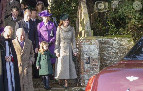Le prince William, duc de Cambridge, et Catherine (Kate) Middleton, duchesse de Cambridge, la princesse Charlotte de Cambridge et la princesse Anne lors de la messe de Noël en l'église Sainte-Marie-Madeleine à Sandringham au Royaume-Uni, le 25 décembre 2019.