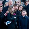  La princesse Märtha Louise de Norvège, ses filles Leah Isadora et Emma Tallulah, sa nièce la princesse Ingrid Alexandra, ses parents la reine Sonja et le roi Harald V de Norvège, et sa belle-soeur la princesse Mette-Marit aux obsèques d'Ari Behn, le 3 janvier 2020 à la cathédrale d'Oslo en Norvège. Ecrivain, artiste visuel et ex-époux de la princesse Märtha Louise de Norvège, mère de leurs trois filles, Ari Behn s'est donné la mort au moment de Noël. 