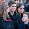 La princesse Märtha Louise de Norvège, ses filles Leah Isadora et Emma Tallulah, sa nièce la princesse Ingrid Alexandra, ses parents la reine Sonja et le roi Harald V de Norvège, et sa belle-soeur la princesse Mette-Marit aux obsèques d'Ari Behn, le 3 janvier 2020 à la cathédrale d'Oslo en Norvège. Ecrivain, artiste visuel et ex-époux de la princesse Märtha Louise de Norvège, mère de leurs trois filles, Ari Behn s'est donné la mort au moment de Noël.