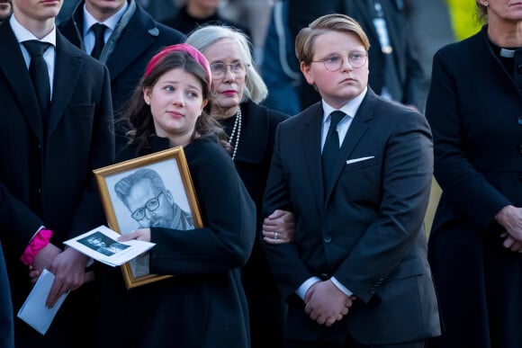 Maud Angelica Behn et son cousin le prince Sverre Magnus de Norvège lors des obsèques d'Ari Behn, le 3 janvier 2020. Ecrivain, artiste visuel et ex-époux de la princesse Märtha Louise de Norvège, mère de leurs trois filles, Ari Behn s'est donné la mort au moment de Noël.