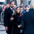  Le prince héritier Haakon de Norvège, Leah Isadora Behn et la princesse Märtha Louise lors des obsèques d'Ari Behn, le 3 janvier 2020. Ecrivain, artiste visuel et ex-époux de la princesse Märtha Louise de Norvège, mère de leurs trois filles, Ari Behn s'est donné la mort au moment de Noël. 