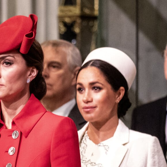 Catherine Kate Middleton, duchesse de Cambridge, Meghan Markle, enceinte, duchesse de Sussex lors de la messe en l'honneur de la journée du Commonwealth à l'abbaye de Westminster à Londres le 11 mars 2019.