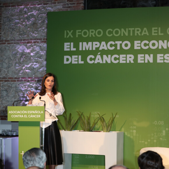 La reine Letizia d'Espagne, présidente d'honneur de l'Association espagnole contre le cancer, présidait le 4 février 2020 au IXe Forum contre le cancer à Madrid, dans le cadre de la Journée mondiale de la lutte contre la maladie.