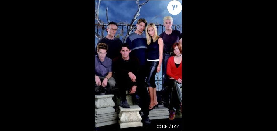  Sarah Michelle Gellar, Alyson Hannigan, James Marsters, Nicholas Brendon, Anthony Stewart Head, Seth Green et Marc Blucas - Le casting de &quot;Buffy contre les vampires&quot; en 1999. 