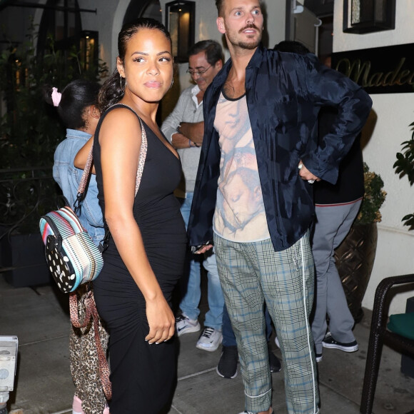 Christina Milian, enceinte, son compagnon Matt Pokora et sa fille Violet Madison sont allés dîner dans le restaurant Madeo à Beverly Hills, le 8 août 2019.