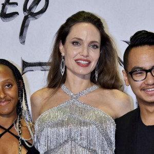 Zahara Jolie-Pitt, Angelina Jolie et Maddox Jolie-Pitt à la première du film "Maléfique : Le pouvoir du mal". Le 3 octobre 2019.