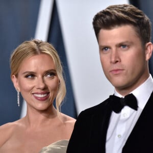 Scarlett Johansson et son fiancé Colin Jost - People à la soirée "Vanity Fair Oscar Party" après la 92ème cérémonie des Oscars 2019 au Wallis Annenberg Center for the Performing Arts à Los Angeles, le 9 février 2020.