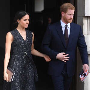 Meghan Markle et le prince Harry à la sortie de la cérémonie de commémoration du 25ème anniversaire de l'assassinat de Stephen Lawrence en l'église St Martin-in-the-Fields à Londres. Le 23 avril 2018