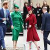 Meghan Markle en vert et Kate Middleton en rouge à la cérémonie du Commonwealth en l'abbaye de Westminster à Londres. Le 9 mars 2020.