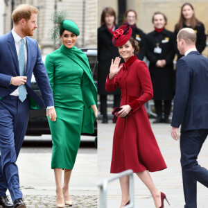 Meghan Markle en vert et Kate Middleton en rouge à la cérémonie du Commonwealth en l'abbaye de Westminster à Londres. Le 9 mars 2020.