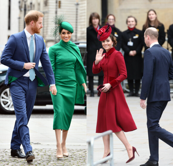 Meghan Markle en vert et Kate Middleton en rouge à la cérémonie du Commonwealth en l'abbaye de Westminster à Londres. Le 9 mars 2020.