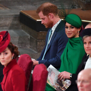 Le prince William, duc de Cambridge, et Kate Middleton, duchesse de Cambridge, le prince Harry, duc de Sussex, Meghan Markle, duchesse de Sussex et la comtesse Sophie de Wessex - La famille royale d'Angleterre lors de la cérémonie du Commonwealth en l'abbaye de Westminster à Londres. Le 9 mars 2020.