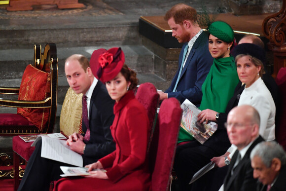 Le prince William, duc de Cambridge, et Kate Middleton, duchesse de Cambridge, le prince Harry, duc de Sussex, Meghan Markle, duchesse de Sussex et la comtesse Sophie de Wessex - La famille royale d'Angleterre lors de la cérémonie du Commonwealth en l'abbaye de Westminster à Londres. Le 9 mars 2020.