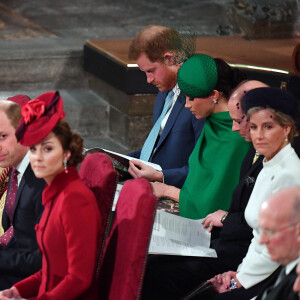 Le prince William, duc de Cambridge, et Kate Catherine Middleton, duchesse de Cambridge, le prince Harry, duc de Sussex, Meghan Markle, duchesse de Sussex et la comtesse Sophie de Wessex - La famille royale d'Angleterre lors de la cérémonie du Commonwealth en l'abbaye de Westminster à Londres. Le 9 mars 2020.