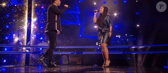 Rhiad et Mareva s'affrontent lors des battles de The Voice 2020 - Talents de Amel Bent. Emission du samedi 14 mars 2020, TF1