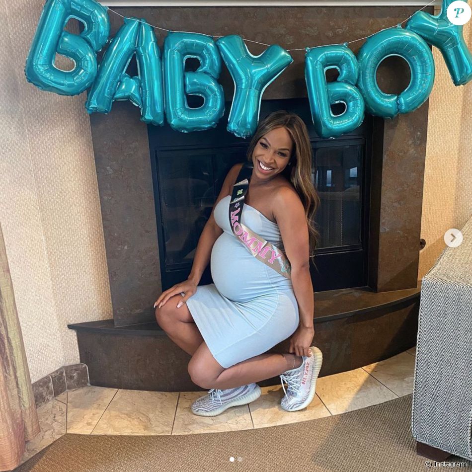 Malika Haqq, enceinte, lors de sa babyshower. Mars 2020. Purepeople