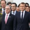 Zohrab Mnatsakanian (Ministre arménien des Affaires étrangères), Patrick Devedjian, Emmanuel et Brigitte Macron, Jean-Yves Le Drian lors de la cérémonie au mémorial du génocide arménien (Tsitsernakaberd) à Erevan le 11 octobre 2018.© Dominique Jacovides / Bestimage