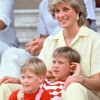 Diana avec ses fils William et Harry à Majorque, en 1987.