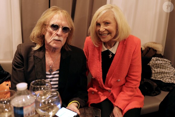 Exclusif - Michèle Torr et le chanteur Christophe se retrouvent en backstage lors du concert de Marcel Amont à l'occasion de son 90ème anniversaire à l'Alhambra à Paris le 2 avril 2019. © Cédric Perrin/Bestimage