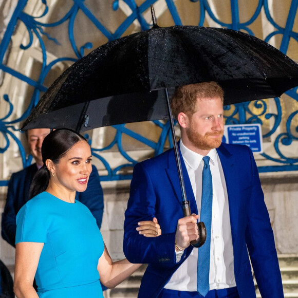 Le prince Harry, duc de Sussex, et Meghan Markle, duchesse de Sussex arrivent à la cérémonie des Endeavour Fund Awards au Mansion House à Londres, Royaume Uni, le 5 mars 2020.