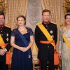 Le prince Guillaume de Luxembourg, son épouse la princesse Stéphanie, enceinte de leur premier enfant, le grand-duc Henri de Luxembourg et la princesse Alexandra au palais grand-ducal à Luxembourg, le 16 janvier 2020, pour la réception du Nouvel An.