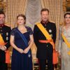 Le prince Guillaume de Luxembourg, son épouse la princesse Stéphanie, enceinte de leur premier enfant, le grand-duc Henri de Luxembourg et la princesse Alexandra au palais grand-ducal à Luxembourg, le 16 janvier 2020, pour la réception du Nouvel An.