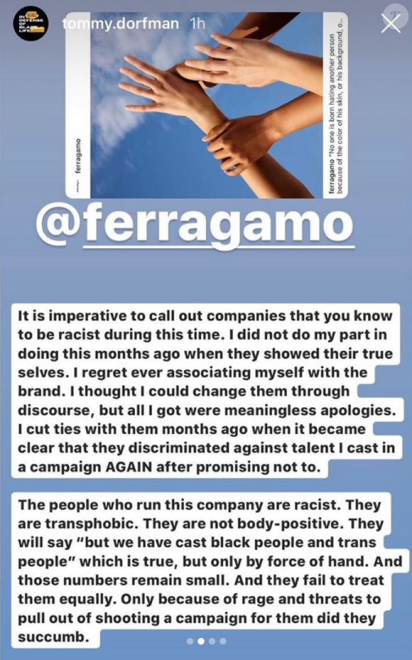 Tommy Dorfman dénonce l'engagement hypocrite contre le racisme de la marque Salvatore Ferragamo. Avril 2020.