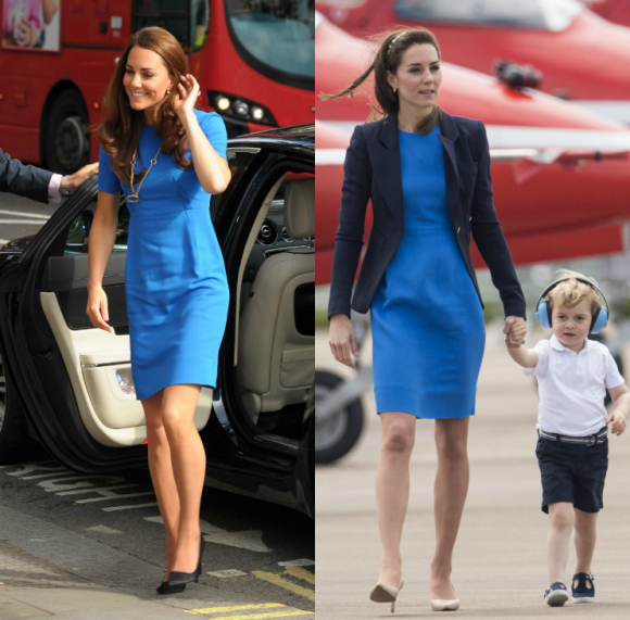 Kate Middleton portant sa robe bleue Stella McCartney : en 2012 à la National Portrait Gallery de Londres, puis en 2016 lors d'un show aérien à Gloucester avec son fils le prince George.