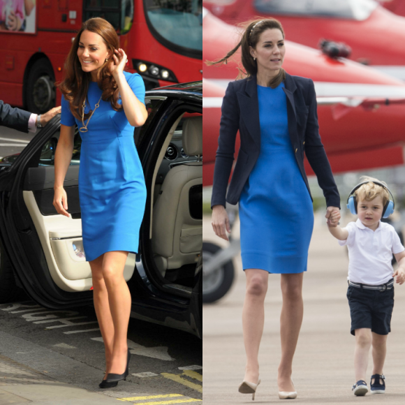 Kate Middleton portant sa robe bleue Stella McCartney : en 2012 à la National Portrait Gallery de Londres, puis en 2016 lors d'un show aérien à Gloucester avec son fils le prince George.