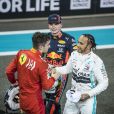 Lewis Hamilton remporte sa 11ème victoire de la saison en triomphant au Grand Prix de Formule 1 d'Abu Dhabi, le 1er décembre 2019. Il devance M. Verstappen (Red Bull) et C. Leclerc (Ferrari).