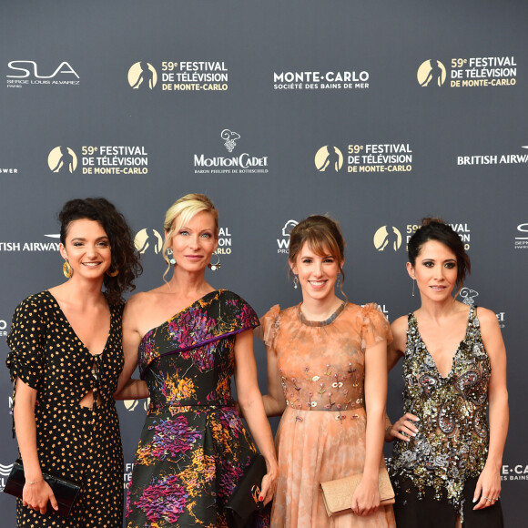 Pauline Bression, Rebecca Hampton ( robe Christophe Guillarmé à encolure asymétrique en jacquard à relief noir et violet) , Lea Francois et Fabienne Carat à la 59ème édition du festival de télévision de Monte Carlo au Grimaldi forum à Monaco le 14 juin 2019. © Bruno Bebert / Bestimage