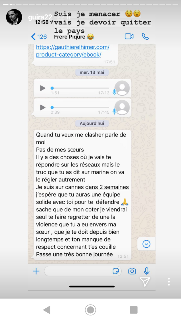 Le message de menace de Gautier El Himer à Julien Guirado, le 16 juillet 2020