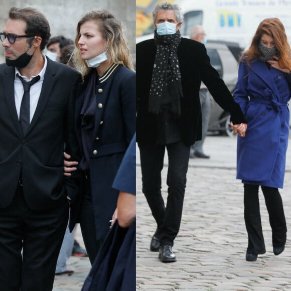 Exclusif - Nicolas Bedos et Pauline Desmonts, Julien Clerc et sa femme Hélène Grémillon - Sorties de la messe hommage à Jean-Loup Dabadie en l'église Saint-Germain-des-Prés à Paris le 23 septembre 2020.