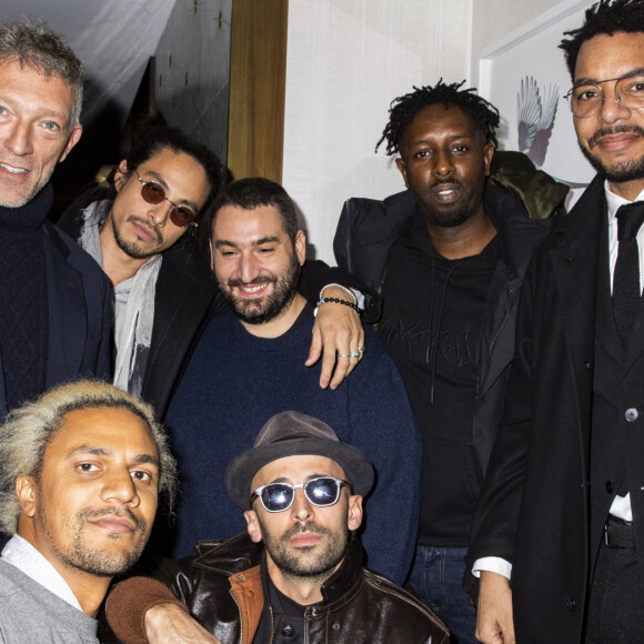 Vincent Cassel, Toumani Sangaré, Kim Chapiron, Mouloud Achour, JR (Artiste), Ladj Ly, Olivier Bassuet lors de la remise de la médaille d'Officier des Arts et des Lettres au rappeur O.Puccino par l'acteur, réalisateur et producteur V.Cassel à l'hôtel du Collectionneur à Paris, France, le 2 mars 2020. © Jack Tribeca/Bestimage