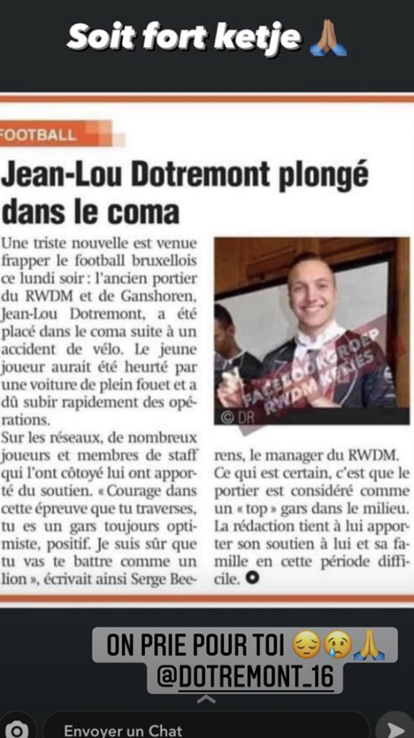Aurélie Dotremont annonce que Jean-Lou Dotremont, footballeur de sa famille, est dans le coma après un accident de la route.