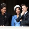 La princesse Stéphanie de Monaco, son fils Louis Ducruet et sa femme Marie Chevallier - La famille princière de Monaco au balcon du palais lors de la Fête nationale monégasque à Monaco. © Dominique Jacovides / Bestimage
